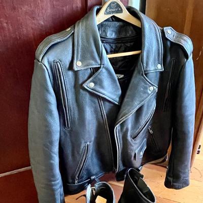 Lot 111 Foxcraft Leather Biker Jacket Size 46 & Chippewa Engineer Leather Boots Size 10D
