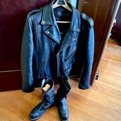 Lot 111 Foxcraft Leather Biker Jacket Size 46 & Chippewa Engineer Leather Boots Size 10D