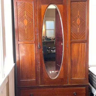 Lot 118 Antique Armoire 1 Door 1 Drawer Oval Mirror Inlayed Wood