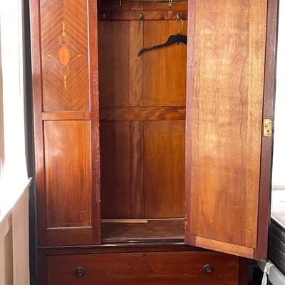Lot 118 Antique Armoire 1 Door 1 Drawer Oval Mirror Inlayed Wood