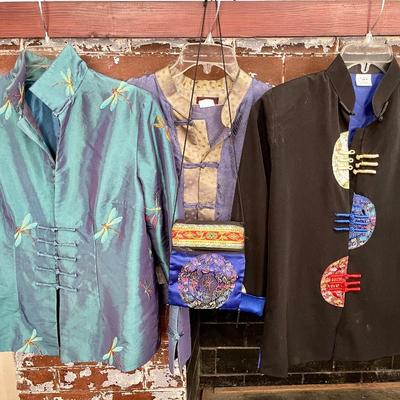 Lot 127 Ladies Asian Style 3 Silk  Jackets Size Small + Silk Purse