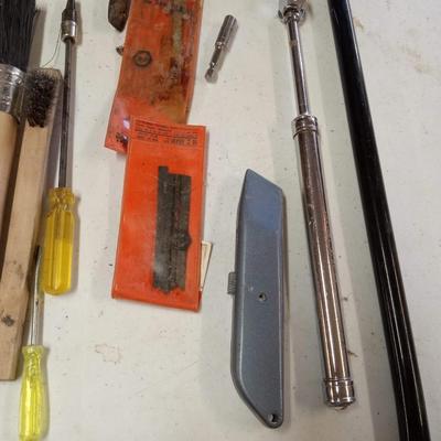 VARIETY OF HAND TOOLS AND A MAGNET ON A POLE