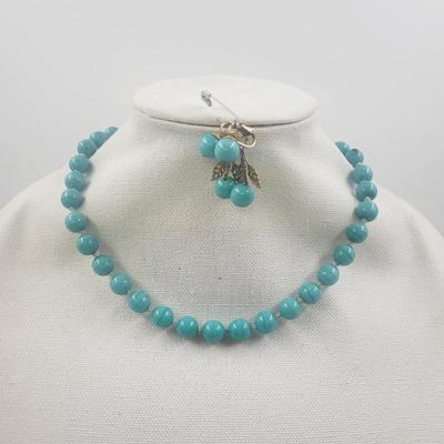 VINTAGE TURQUOISE COLORED NECKLACE W/ EARRING 12K 1/20 GOLD FILLED