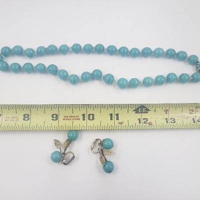 VINTAGE TURQUOISE COLORED NECKLACE W/ EARRING 12K 1/20 GOLD FILLED