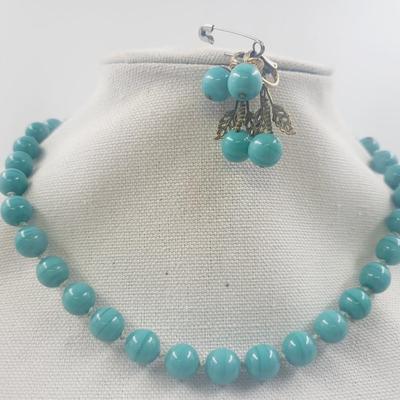 VINTAGE TURQUOISE COLORED NECKLACE W/ EARRING 12K 1/20 GOLD FILLED