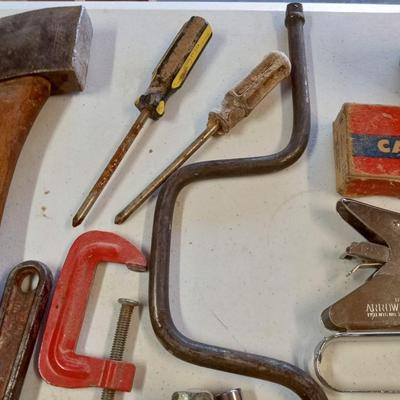 DRILL BITS AND A COLLECTION OF HAND TOOLS