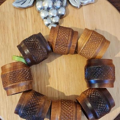 5 Piece Lot of Wooden Kitchen items: Tossed Salad Bowl, Cheese Board, Salad Servers & Napkin Rings