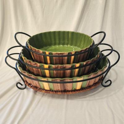 Temp-tations by Tara Presentable Ovenware - Set of 3 Fluted Oval Baking DIshes in Metal & Rattan Stands