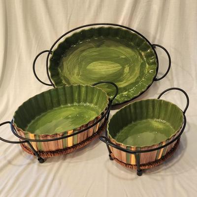 Temp-tations by Tara Presentable Ovenware - Set of 3 Fluted Oval Baking DIshes in Metal & Rattan Stands