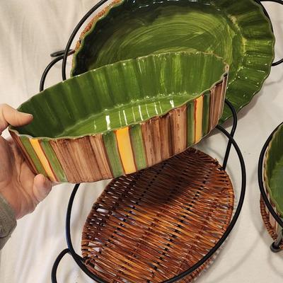Temp-tations by Tara Presentable Ovenware - Set of 3 Fluted Oval Baking DIshes in Metal & Rattan Stands