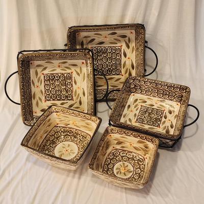 Large set of Temp-tations by Tara Presentable Ovenware - 5 square baking dishes with lids, 3 metal serving stands