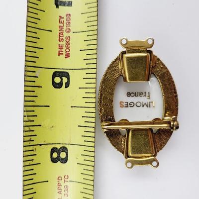 LIMOGES PAINTED CAMEO GOLD LEAF CAMEO PIN WITH TROMBONE CLASP