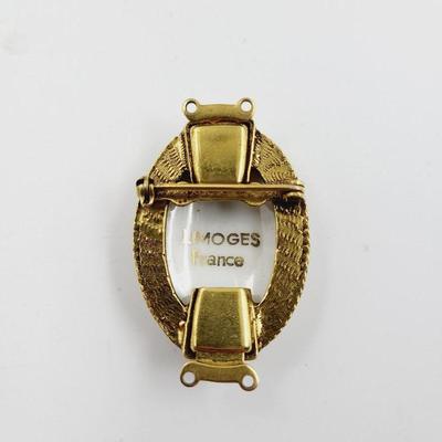 LIMOGES PAINTED CAMEO GOLD LEAF CAMEO PIN WITH TROMBONE CLASP
