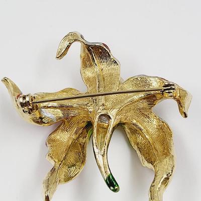 BEAUTIFUL VINTAGE ORCHID BROOCH WITH FAUX DIAMONDS ON THE ENDS OF THE PETALS