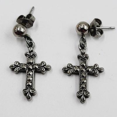 VINTAGE CROSS WITH FAUX DIAMOND SILVER TONED EARRINGS