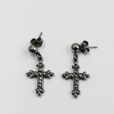 VINTAGE CROSS WITH FAUX DIAMOND SILVER TONED EARRINGS