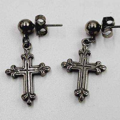VINTAGE CROSS WITH FAUX DIAMOND SILVER TONED EARRINGS