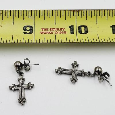 VINTAGE CROSS WITH FAUX DIAMOND SILVER TONED EARRINGS