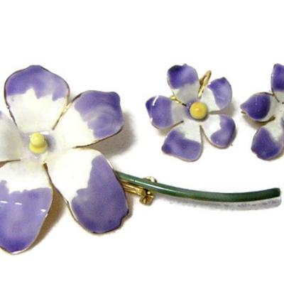 LOT 7: Sandor Lavender Enamel Floral Pin & Ears