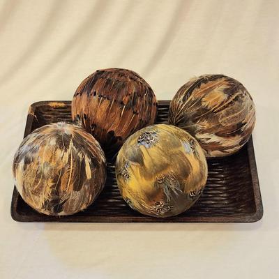 Set of Four - 4" Feather Ball Orbs in Wooden Tray