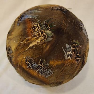Set of Four - 4" Feather Ball Orbs in Wooden Tray