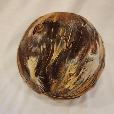 Set of Four - 4" Feather Ball Orbs in Wooden Tray