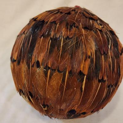 Set of Four - 4" Feather Ball Orbs in Wooden Tray