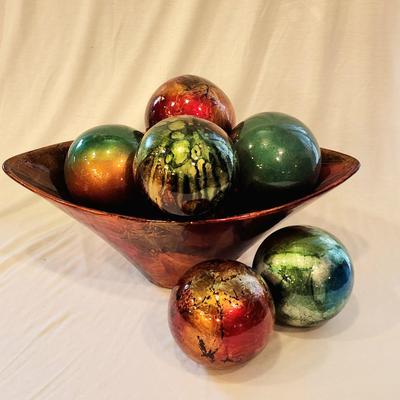 Lot of 7 - 4" jewel tone orbs in bowl