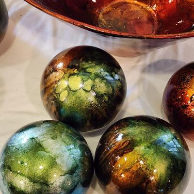 Lot of 7 - 4" jewel tone orbs in bowl