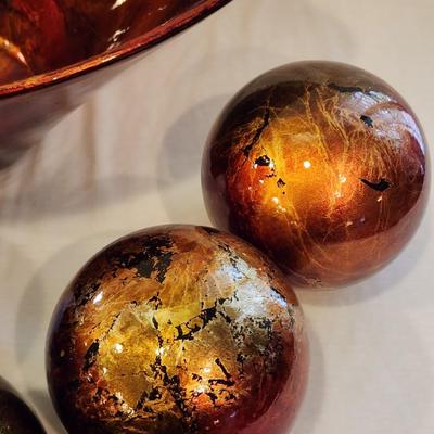 Lot of 7 - 4" jewel tone orbs in bowl