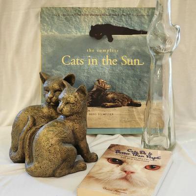 Cat Lover's Gift Lot: Cats in the Sun Coffee Table Book, Cat shaped clear bottle, Loving cats figurine, Cats do it better paperback
