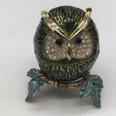 Vintage Trinket Box Owl Figurine Metal Enamel and Rhinestones