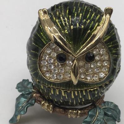 Vintage Trinket Box Owl Figurine Metal Enamel and Rhinestones