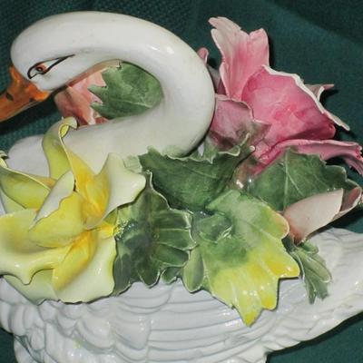 Vintage Capodiamonte Swan with Flower Boquet