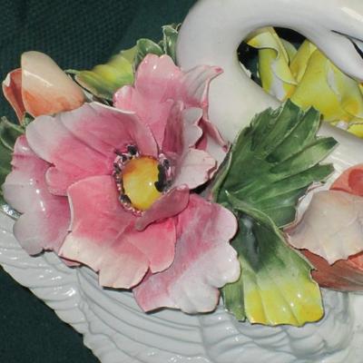 Vintage Capodiamonte Swan with Flower Boquet