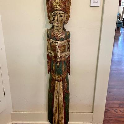 Lot 136 Indonesian Carved & Painted Wood Standing Diety 53" tall