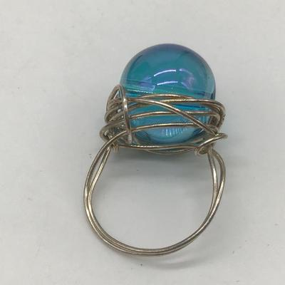 Silver and Blue Glass Ball Ring