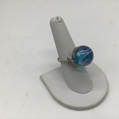 Silver and Blue Glass Ball Ring