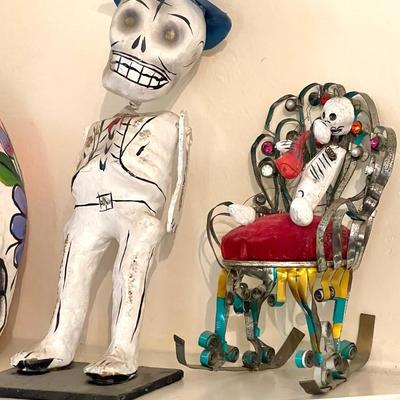 Lot 138 Day of the Dead Figures + Crystal Candle Sticks + Tin Rocking Chair