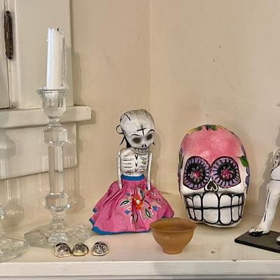 Lot 138 Day of the Dead Figures + Crystal Candle Sticks + Tin Rocking Chair