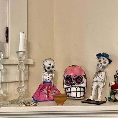 Lot 138 Day of the Dead Figures + Crystal Candle Sticks + Tin Rocking Chair