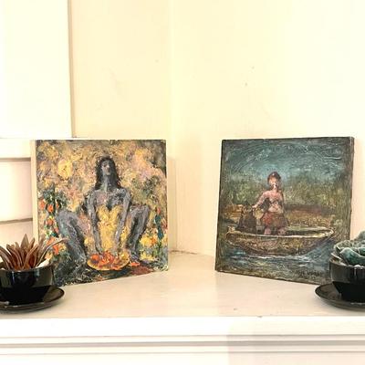 Lot 139 Small Paintings on Board 8" Square + 2 Ceramic Cups w/ Plants