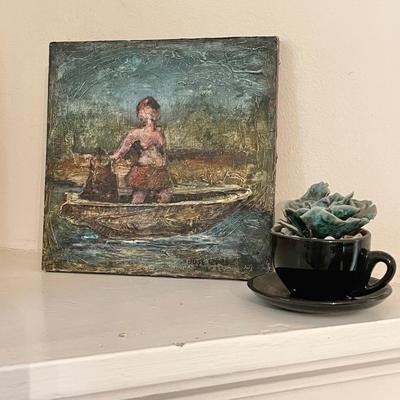 Lot 139 Small Paintings on Board 8" Square + 2 Ceramic Cups w/ Plants