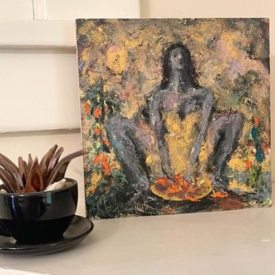 Lot 139 Small Paintings on Board 8" Square + 2 Ceramic Cups w/ Plants