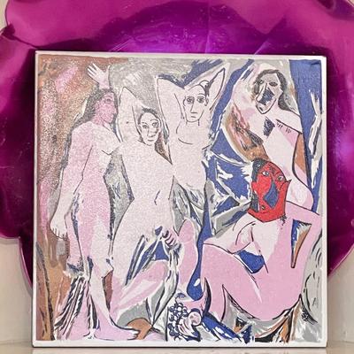 Lot 140 Painted Tile 8" Square + Pink Aluminum Bowl 10"