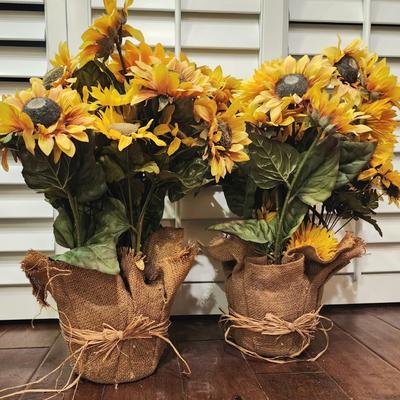 Silk Sunflower Lot - 2 - 21" tall in burlap pots, ceramic sunflower basket, ceramic sunflower pitcher