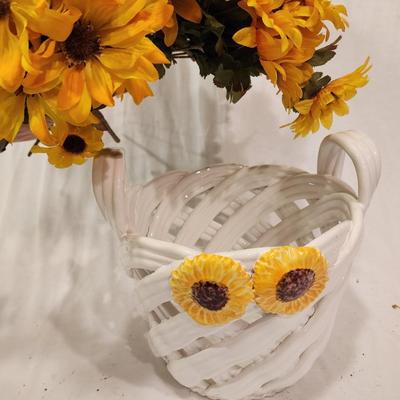 Silk Sunflower Lot - 2 - 21" tall in burlap pots, ceramic sunflower basket, ceramic sunflower pitcher