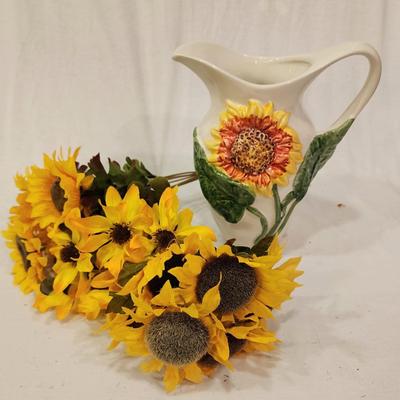 Silk Sunflower Lot - 2 - 21" tall in burlap pots, ceramic sunflower basket, ceramic sunflower pitcher