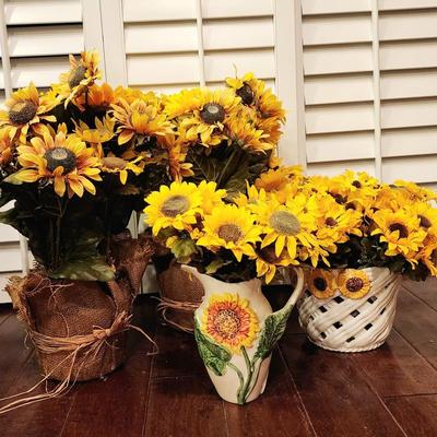 Silk Sunflower Lot - 2 - 21" tall in burlap pots, ceramic sunflower basket, ceramic sunflower pitcher