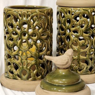 Pair of Large Decorative Bird Lantern Jars w/ Battery Op Candles
